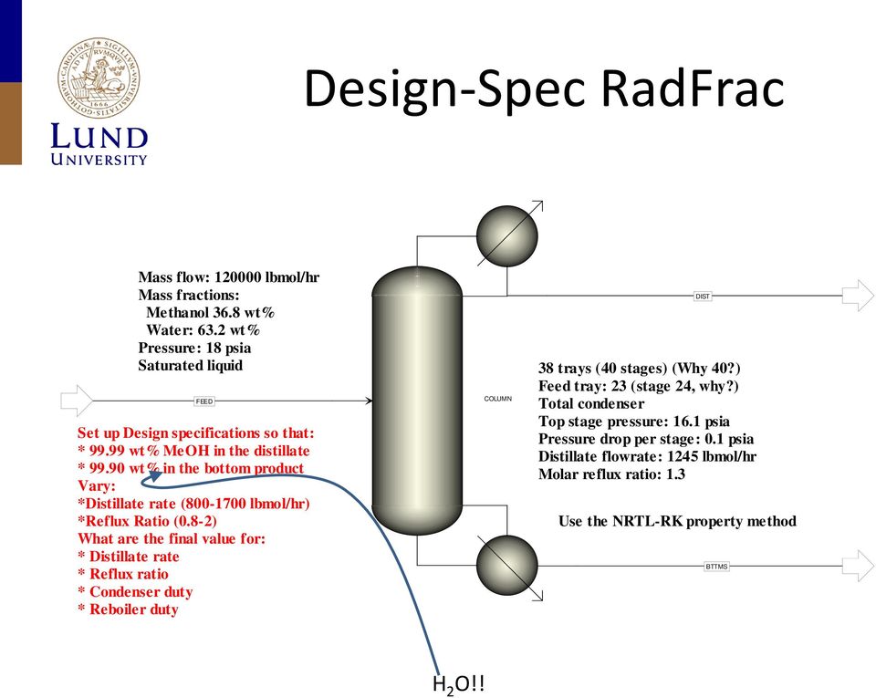 90 wt% in the bottom product Vary: *Distillate rate (800-1700 lbmol/hr) *Reflux Ratio (0.