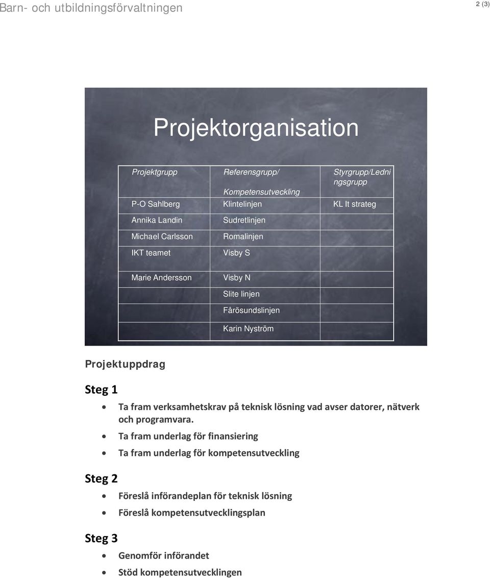 Steg 1 Steg 2 Steg 3 Ta fram verksamhetskrav på teknisk lösning vad avser datorer, nätverk och programvara.