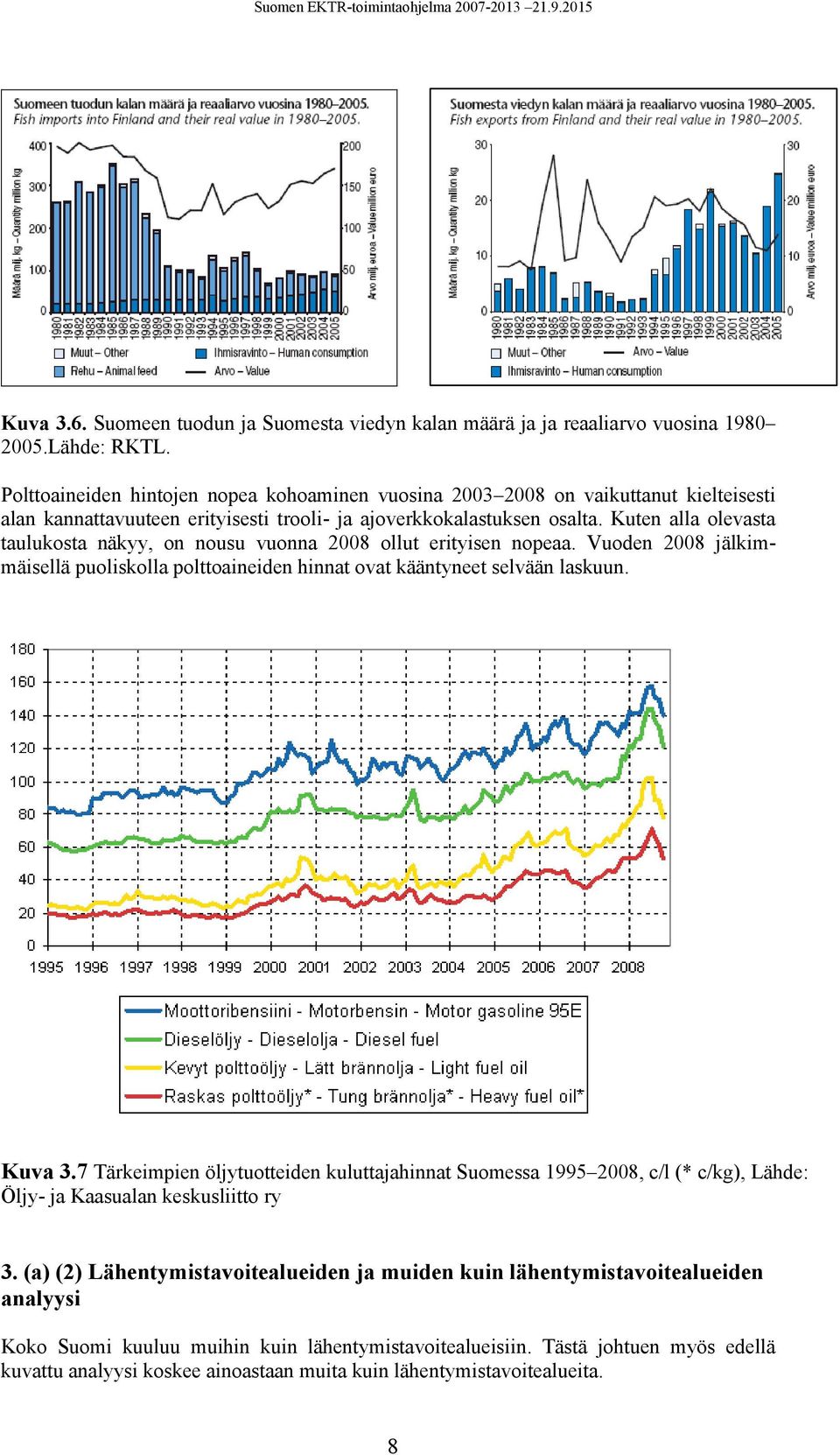 Kuten alla olevasta taulukosta näkyy, on nousu vuonna 2008 ollut erityisen nopeaa. Vuoden 2008 jälkimmäisellä puoliskolla polttoaineiden hinnat ovat kääntyneet selvään laskuun. Kuva 3.