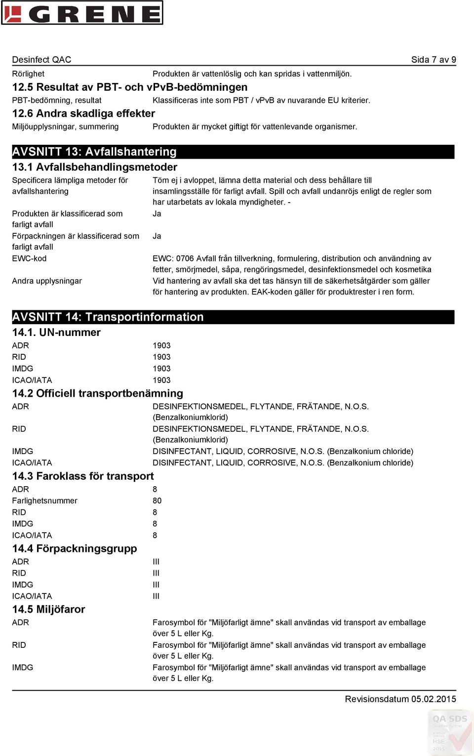 6 Andra skadliga effekter Miljöupplysningar, summering Produkten är mycket giftigt för vattenlevande organismer. AVSNITT 13: Avfallshantering 13.