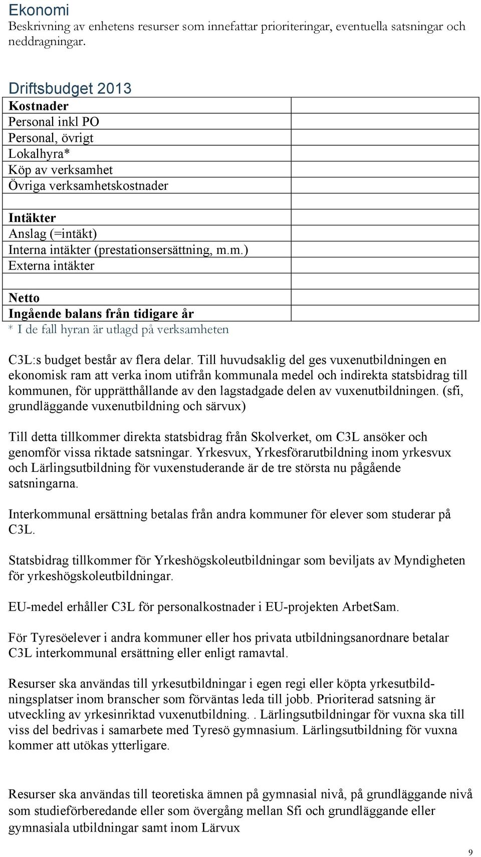 et Övriga verksamhetskostnader Intäkter Anslag (=intäkt) Interna intäkter (prestationsersättning, m.m.) Externa intäkter Netto Ingående balans från tidigare år * I de fall hyran är utlagd på verksamheten C3L:s budget består av flera delar.