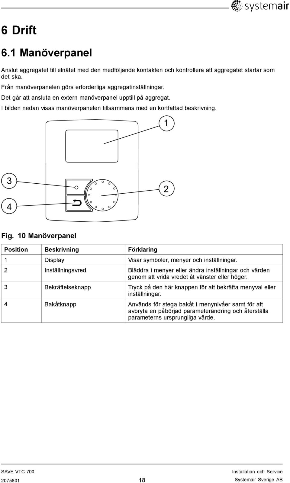 10 Manöverpanel Position Beskrivning Förklaring 1 Display Visar symboler, menyer och inställningar.