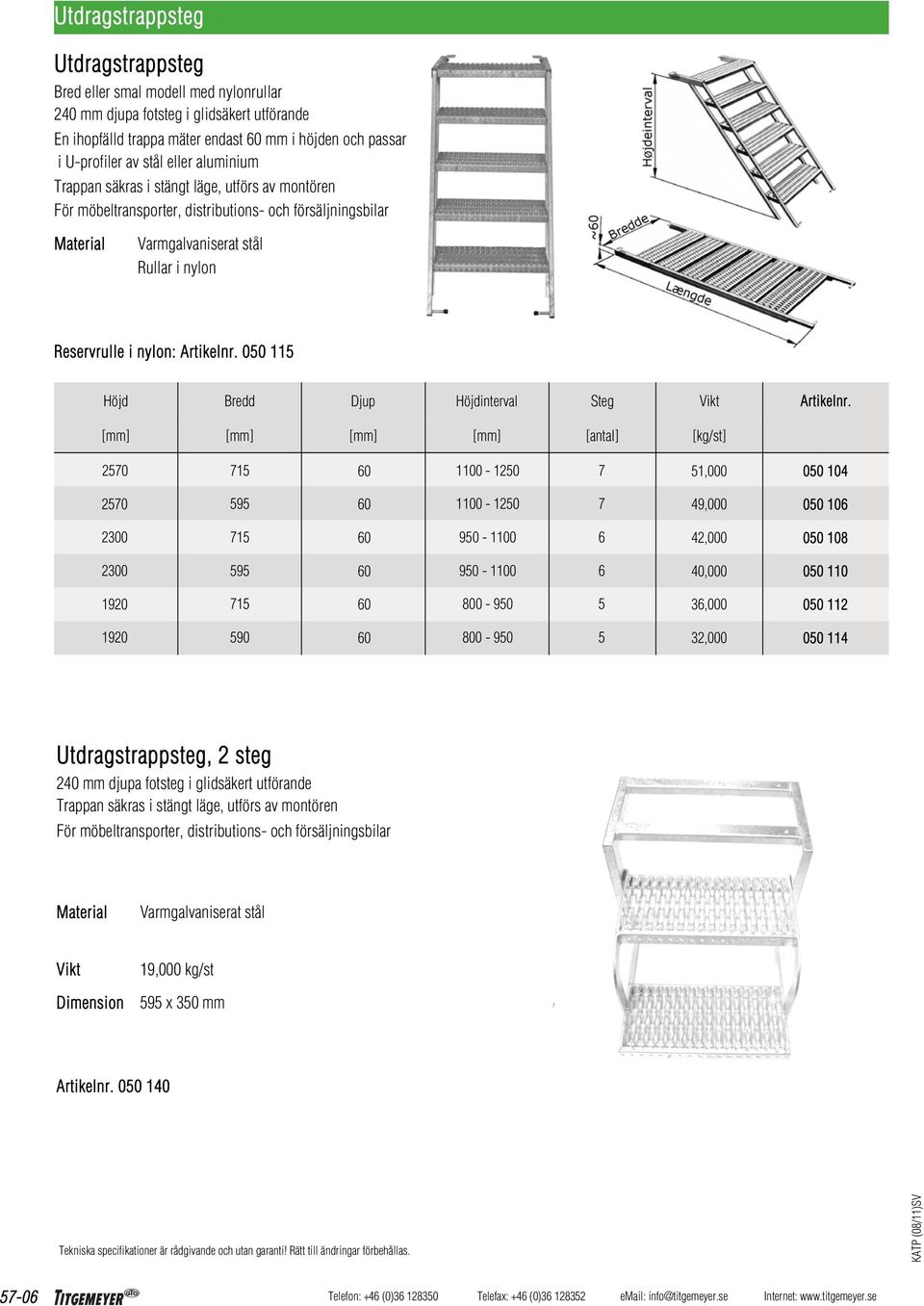 050 115 Höjd Bredd Djup Höjdinterval Steg Artikelnr.
