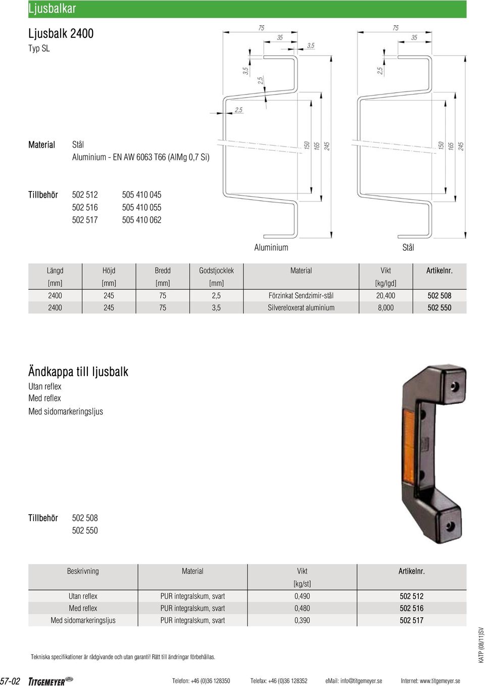 [mm] [mm] [mm] [mm] [kg/lgd] 2400 245 75 2,5 Förzinkat Sendzimir-stål 20,400 502 508 2400 245 75 3,5 Silvereloxerat aluminium 8,000 502 550 Ändkappa till