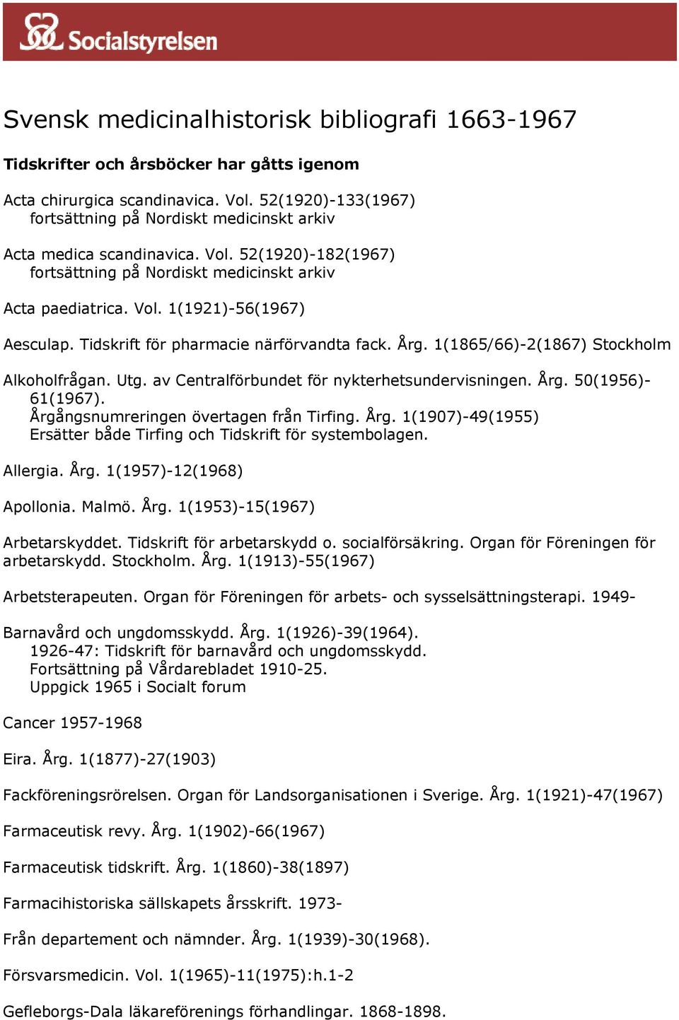 Tidskrift för pharmacie närförvandta fack. Årg. 1(1865/66)-2(1867) Stockholm Alkoholfrågan. Utg. av Centralförbundet för nykterhetsundervisningen. Årg. 50(1956)- 61(1967).