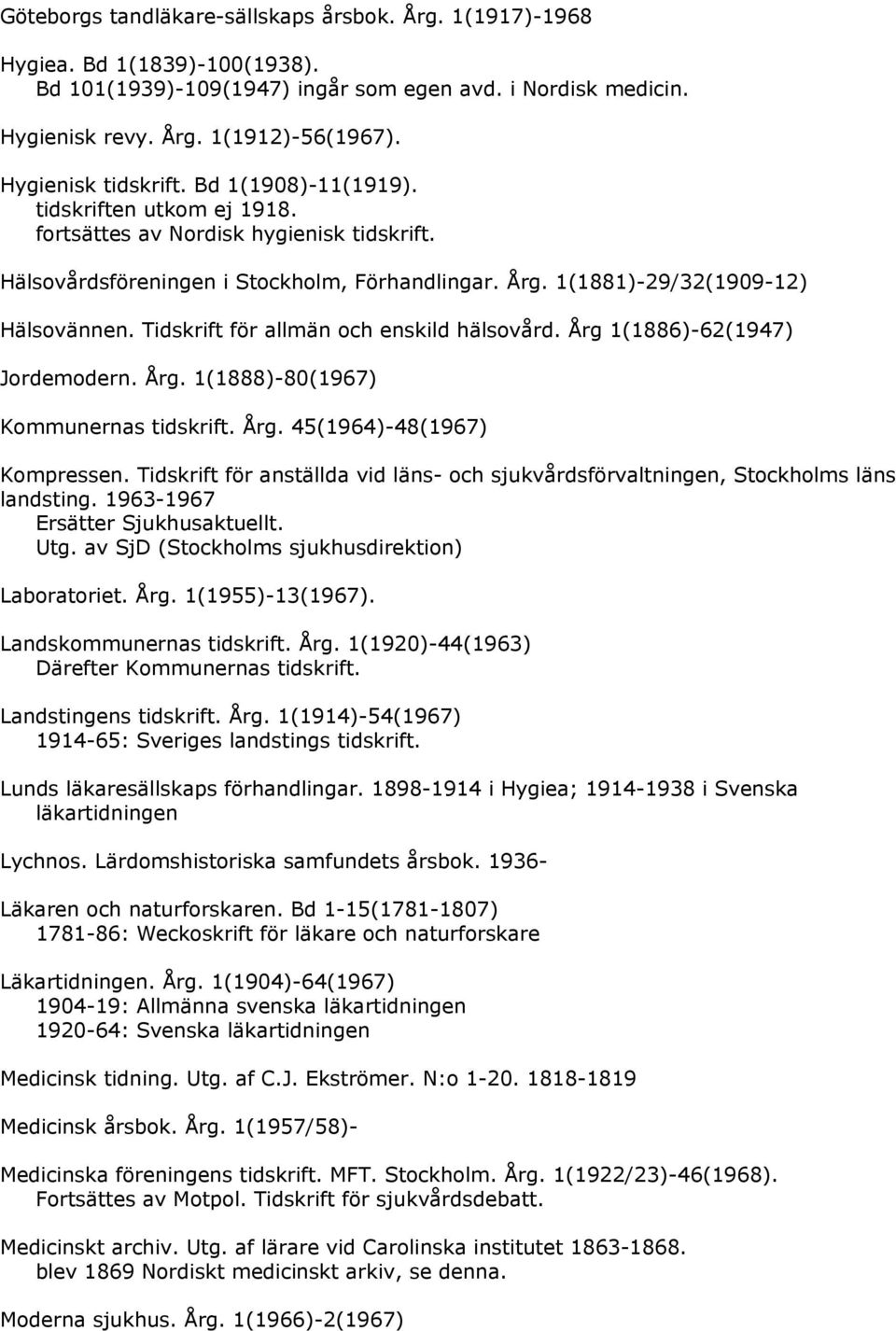 1(1881)-29/32(1909-12) Hälsovännen. Tidskrift för allmän och enskild hälsovård. Årg 1(1886)-62(1947) Jordemodern. Årg. 1(1888)-80(1967) Kommunernas tidskrift. Årg. 45(1964)-48(1967) Kompressen.
