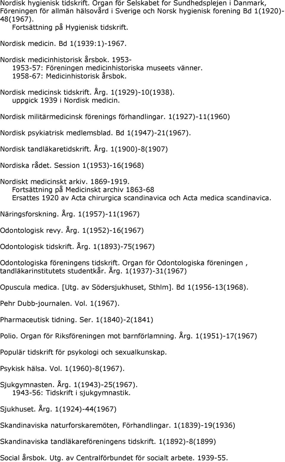 Nordisk medicinsk tidskrift. Årg. 1(1929)-10(1938). uppgick 1939 i Nordisk medicin. Nordisk militärmedicinsk förenings förhandlingar. 1(1927)-11(1960) Nordisk psykiatrisk medlemsblad.