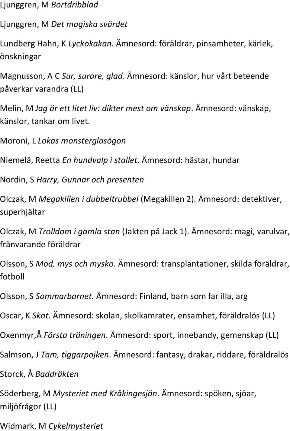 Moroni, L Lokas monsterglasögon Niemelä, Reetta En hundvalp i stallet. Ämnesord: hästar, hundar Nordin, S Harry, Gunnar och presenten Olczak, M Megakillen i dubbeltrubbel (Megakillen 2).