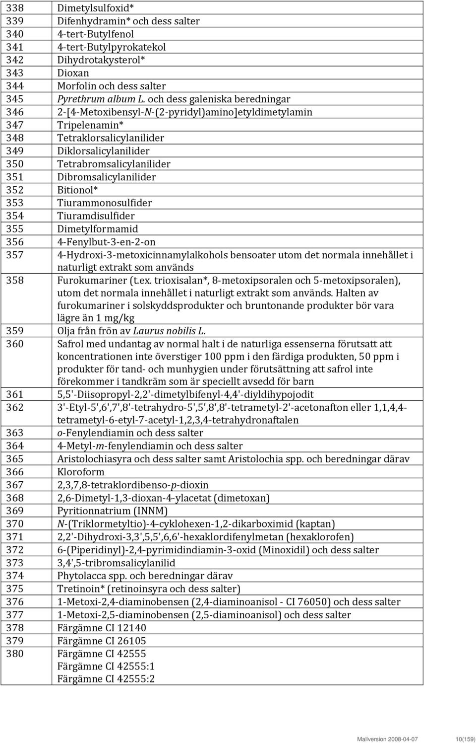 Dibromsalicylanilider 352 Bitionol* 353 Tiurammonosulfider 354 Tiuramdisulfider 355 Dimetylformamid 356 4 Fenylbut 3 en 2 on 357 4 Hydroxi 3 metoxicinnamylalkohols bensoater utom det normala