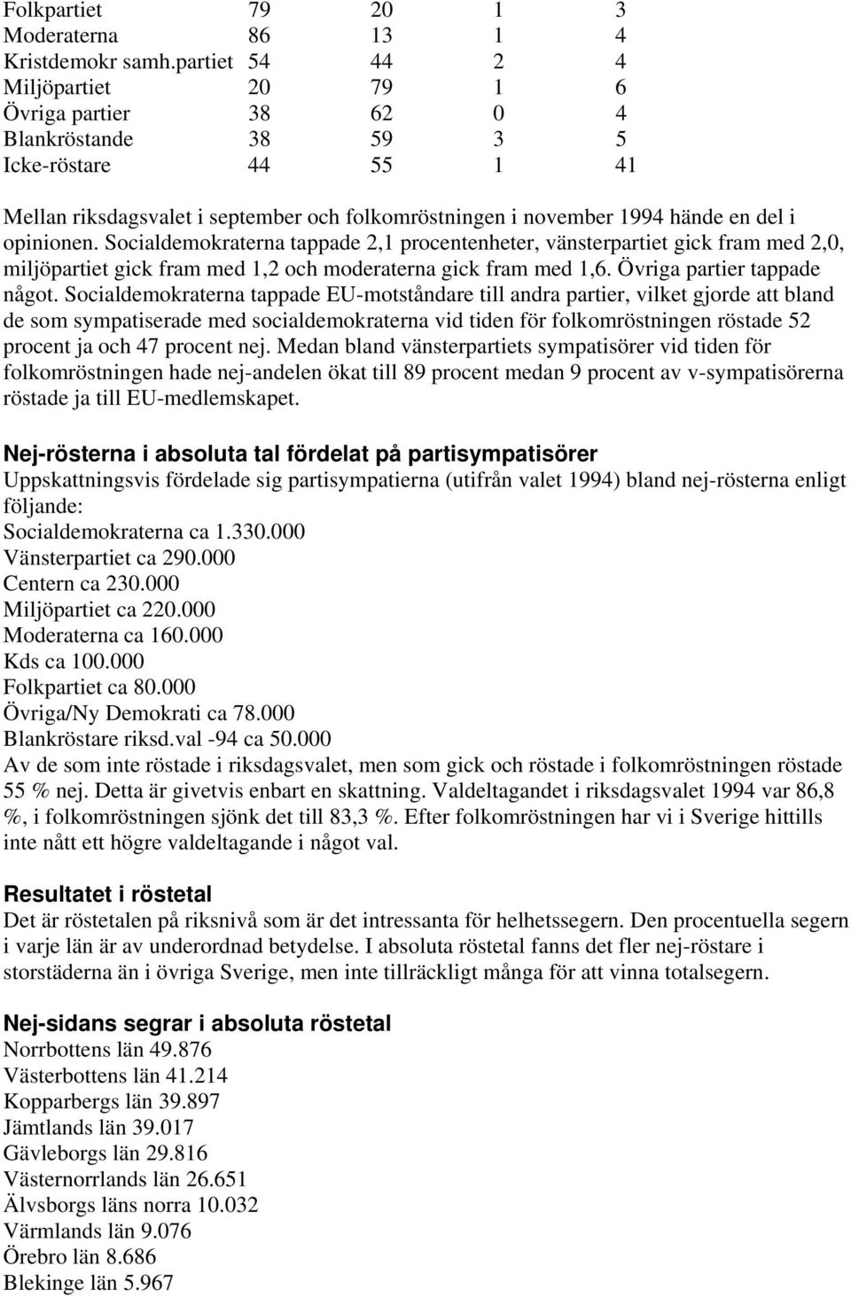 opinionen. Socialdemokraterna tappade 2,1 procentenheter, vänsterpartiet gick fram med 2,0, miljöpartiet gick fram med 1,2 och moderaterna gick fram med 1,6. Övriga partier tappade något.