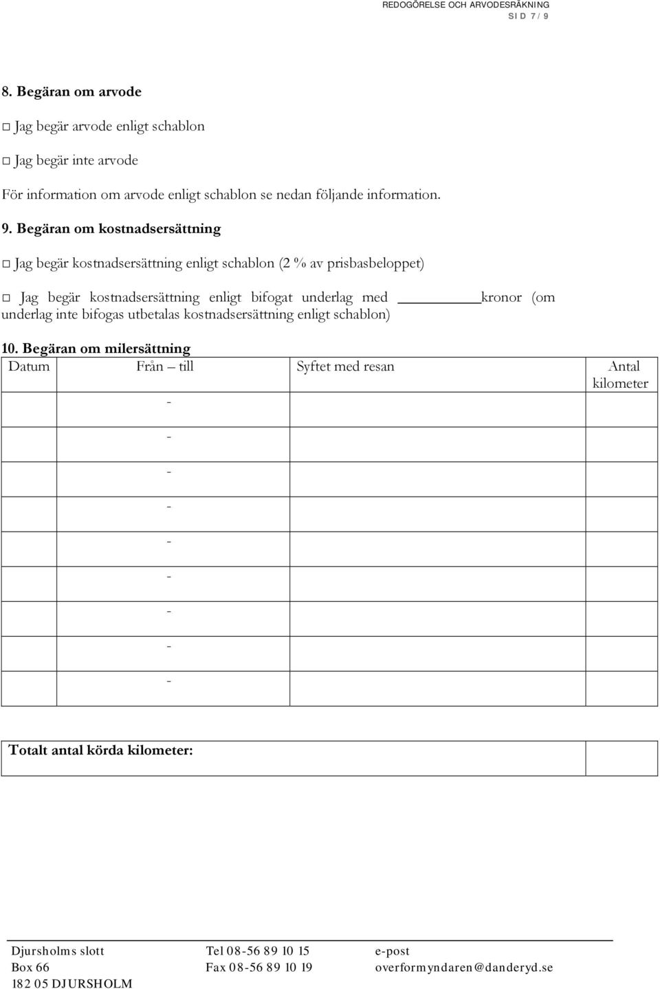 Begäran om kostnadsersättning Jag begär kostnadsersättning enligt schablon (2 % av prisbasbeloppet) Jag begär kostnadsersättning enligt bifogat