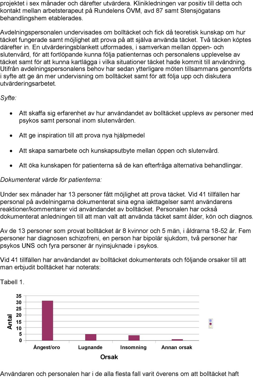 En utvärderingsblankett utformades, i samverkan mellan öppen- och slutenvård, för att fortlöpande kunna följa patienternas och personalens upplevelse av täcket samt för att kunna kartlägga i vilka