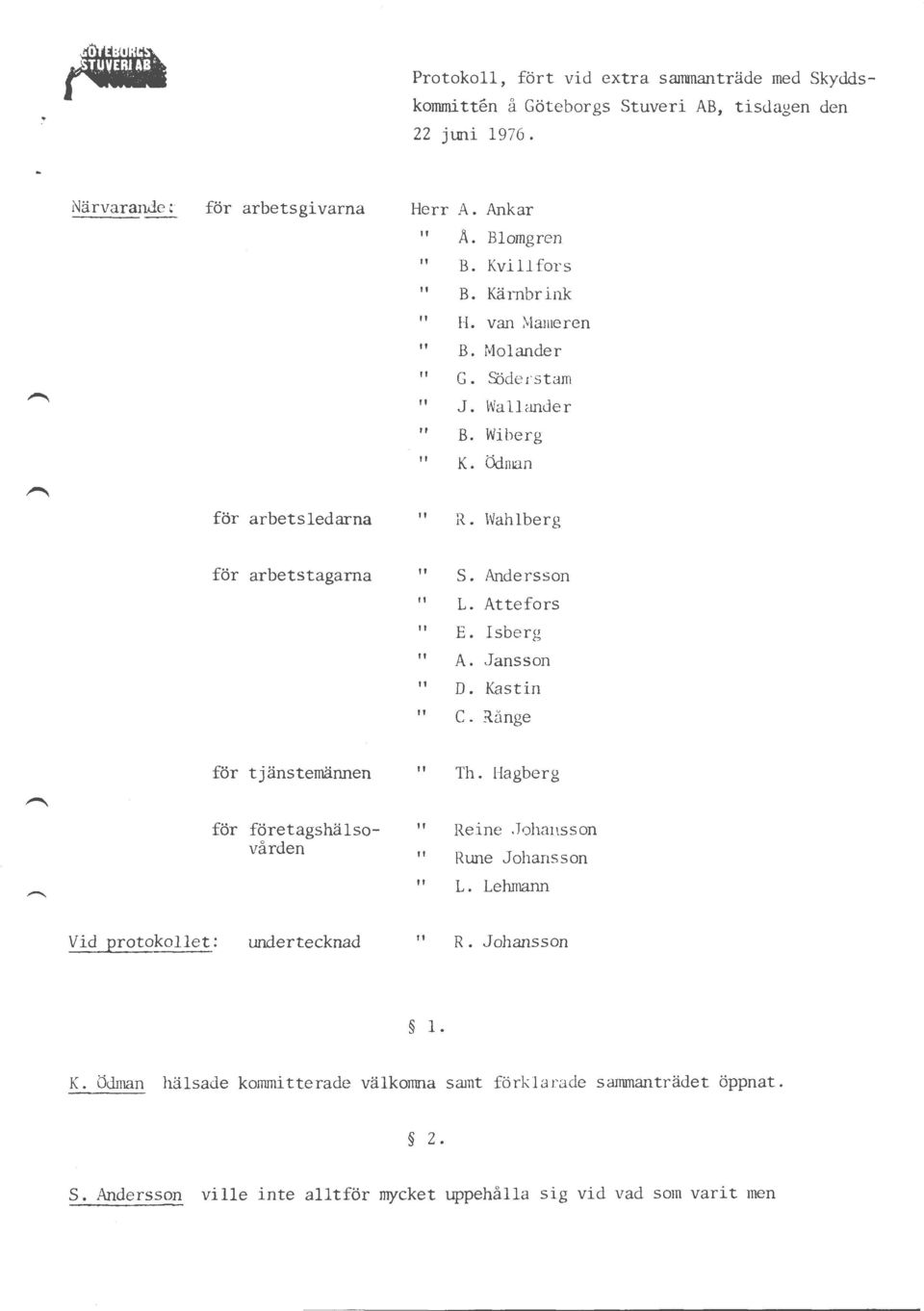 Öd man för arbetsledarna för arbetstagarna för tjänstemännen för företagshälsovården " R. Wahlberg " s. Andersson " L. Attefors " E. Isberg " A. Jansson " D. Kast in " c.