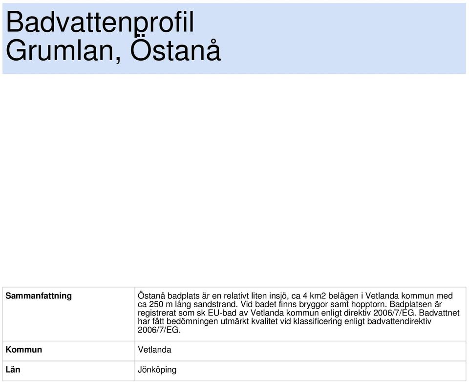 Badplatsen är registrerat som sk EUbad av Vetlanda kommun enligt direktiv 2006/7/EG.