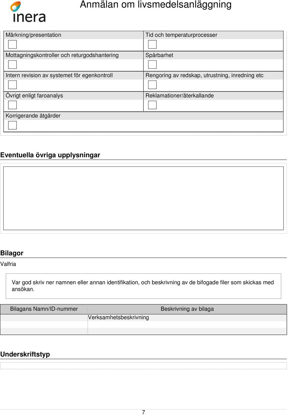 Korrigerande åtgärder Eventuella övriga upplysningar Bilagor Valfria Var god skriv ner namnen eller annan identifikation, och