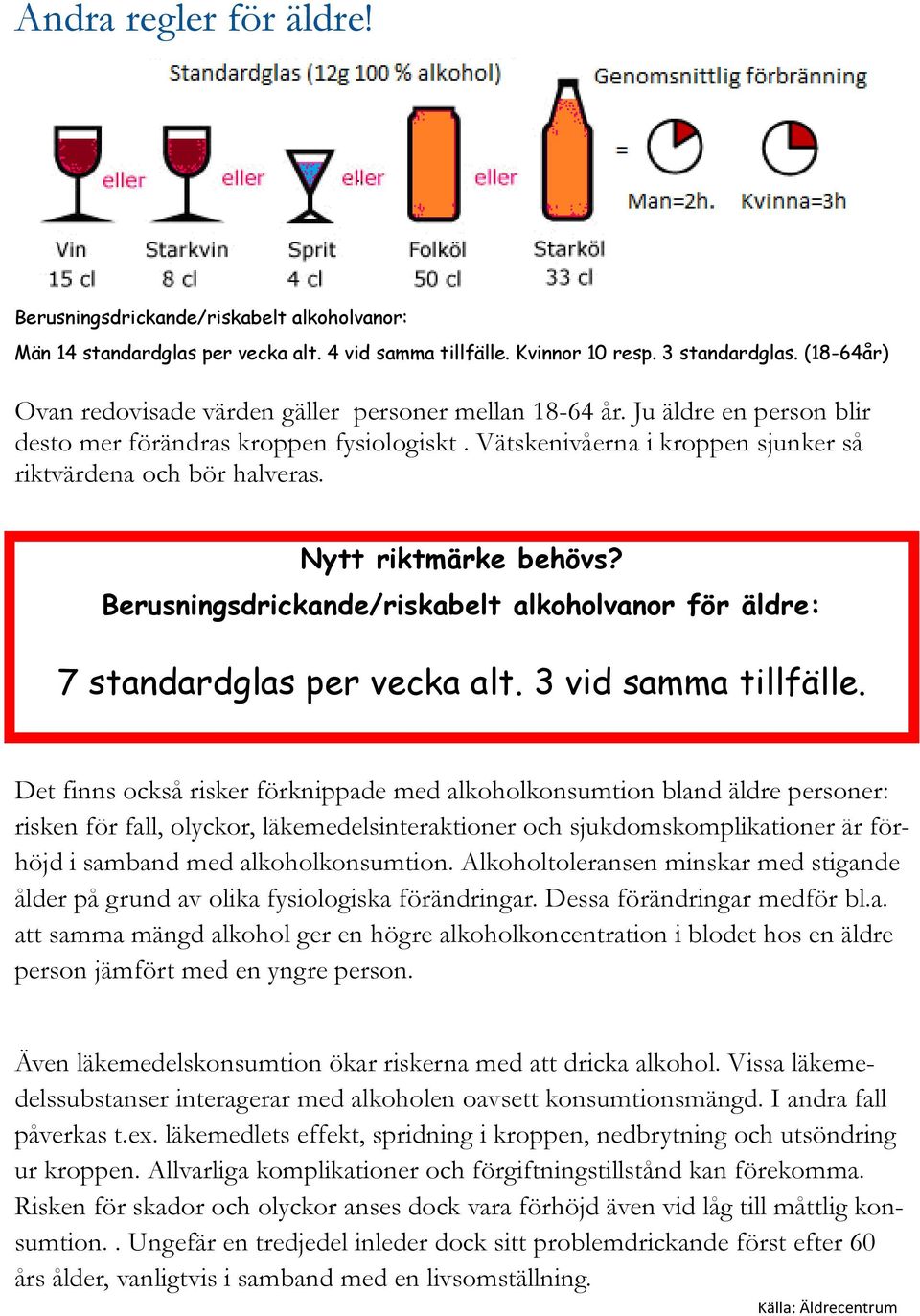 Nytt riktmärke behövs? Berusningsdrickande/riskabelt alkoholvanor för äldre: 7 standardglas per vecka alt. 3 vid samma tillfälle.