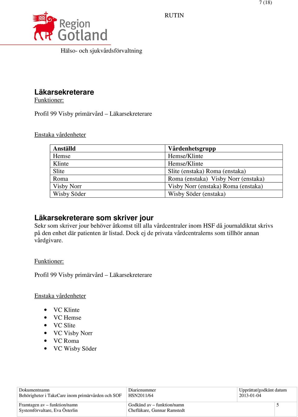 jour Sekr som skriver jour behöver åtkomst till alla vårdcentraler inom HSF då journaldiktat skrivs på den enhet där patienten är listad.