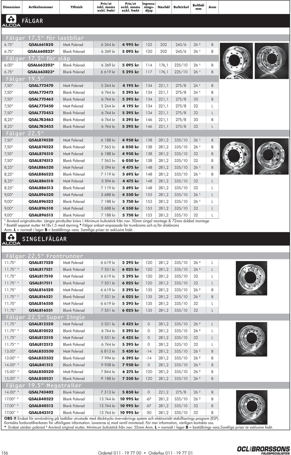 75" QSA663823* lank Polerad 6 619 kr 5 295 kr 117 176,1 225/10 Fälgar 19,5 7,50" QSA773470 5 244 kr 4 195 kr 134 24 ¹ 7,50" QSA773473 lank Polerad 6 744 kr 5 395 kr 134 24 ¹ 7,50" QSA773463 lank