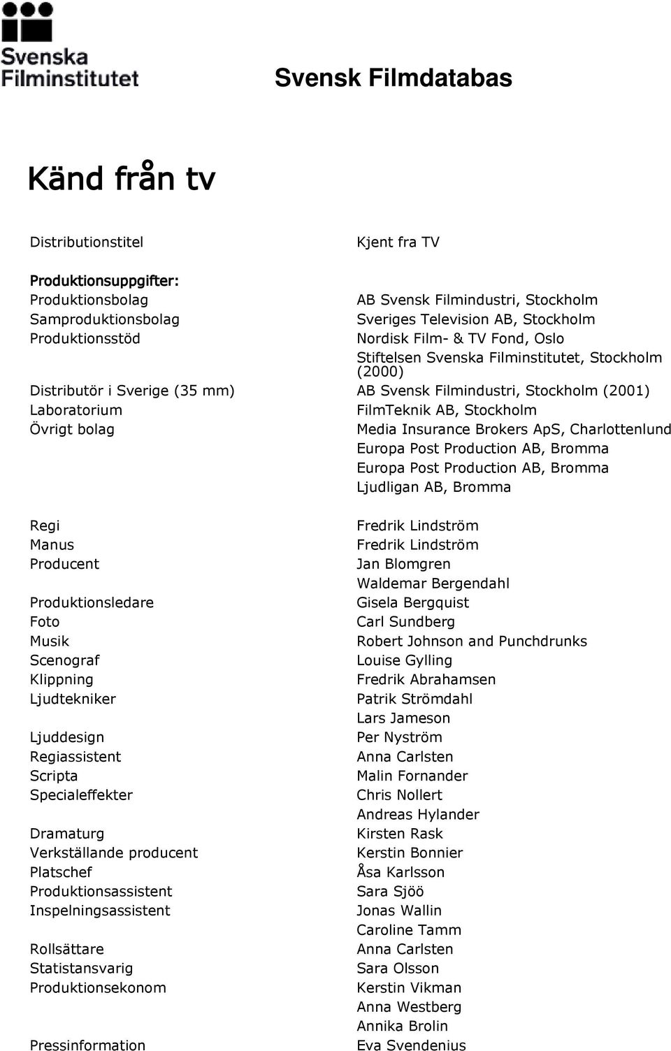 Media Insurance Brokers ApS, Charlottenlund Europa Post Production AB, Bromma Europa Post Production AB, Bromma Ljudligan AB, Bromma Regi Manus Producent Produktionsledare Foto Musik Scenograf