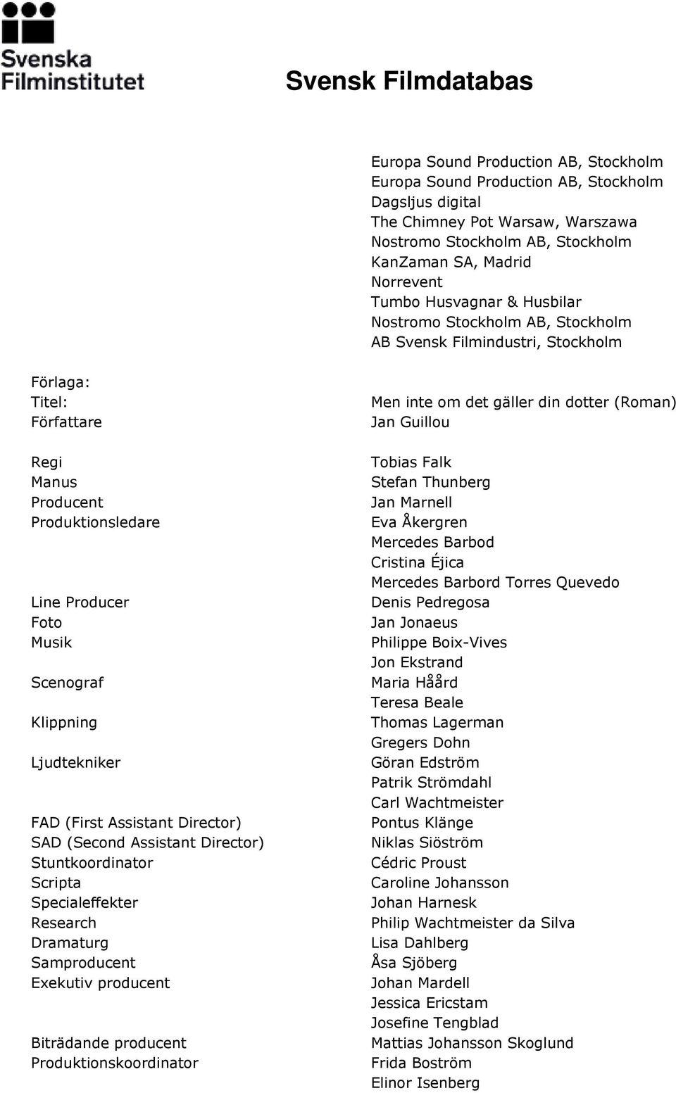 Ljudtekniker FAD (First Assistant Director) SAD (Second Assistant Director) Stuntkoordinator Scripta Specialeffekter Research Dramaturg Samproducent Exekutiv producent Biträdande producent