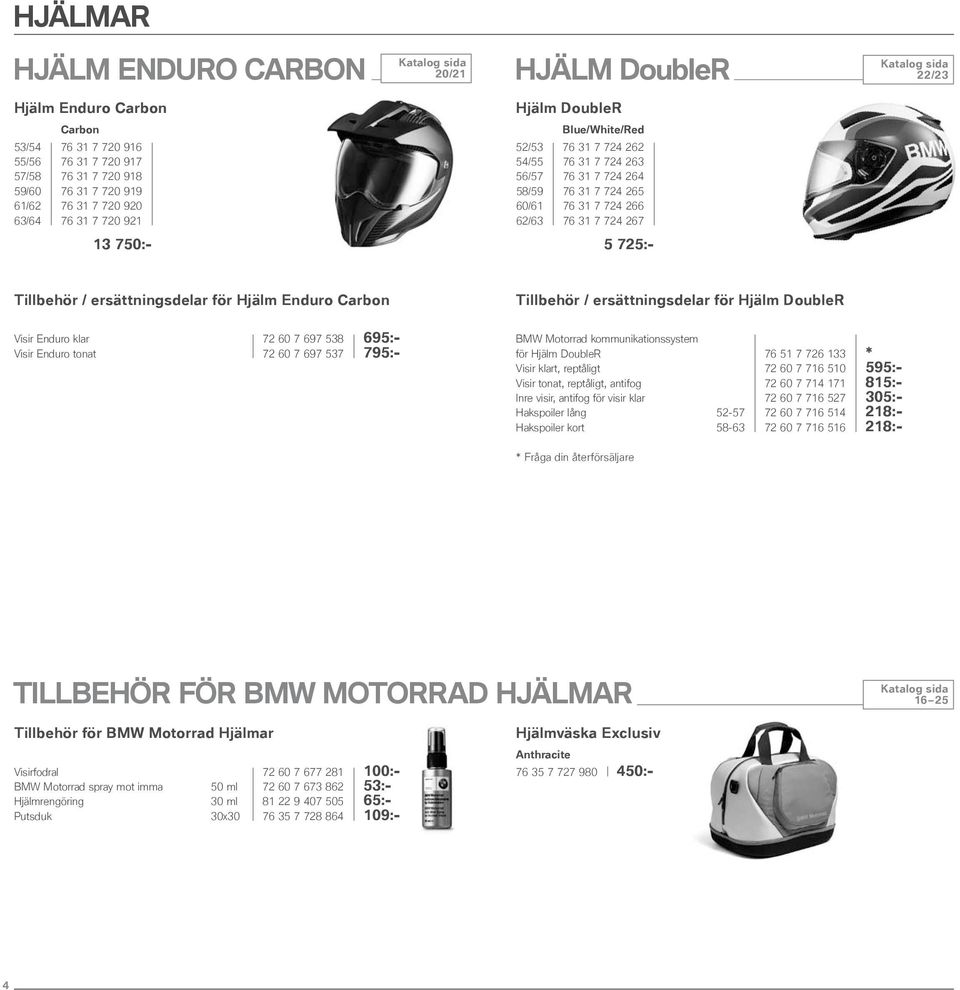 ersättningsdelar för Hjälm DoubleR Visir Enduro klar 2 69 538 695:- Visir Enduro tonat 2 69 53 95:- BMW Motorrad kommunikationssystem för Hjälm DoubleR 6 51 26 133 * Visir klart, reptåligt 2 16 510