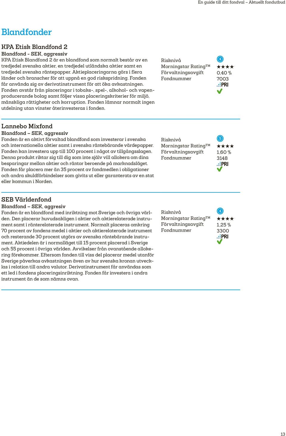 Fonden avstår från placeringar i tobaks-, spel-, alkohol- och vapenproducerande bolag samt följer vissa placeringskriterier för miljö, mänskliga rättigheter och korruption.