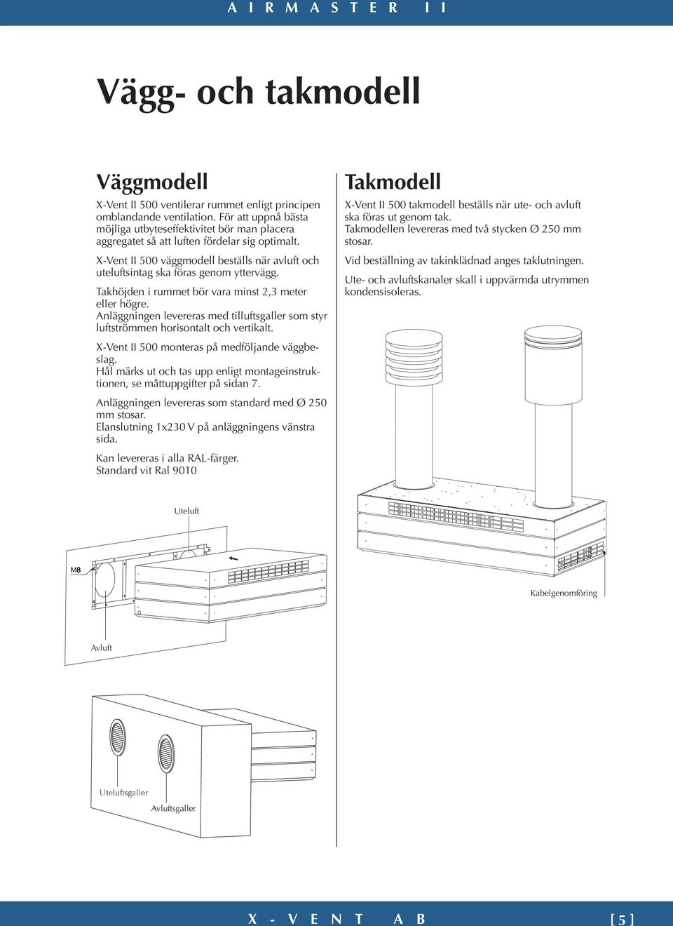 X-Vent II 500 väggmodell beställs när avluft och uteluftsintag ska föras genom yttervägg. Takhöjden i rummet bör vara minst 2,3 meter eller högre.