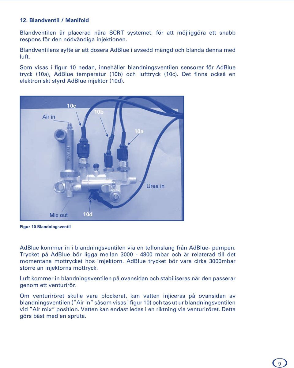 Som visas i figur 10 nedan, innehåller blandningsventilen sensorer för AdBlue tryck (10a), AdBlue temperatur (10b) och lufttryck (10c). Det finns också en elektroniskt styrd AdBlue injektor (10d).