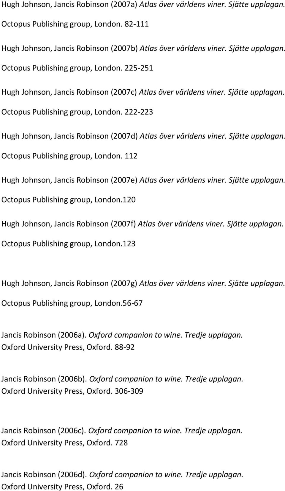 Sjätte upplagan. Octopus Publishing group, London. 112 Hugh Johnson, Jancis Robinson (2007e) Atlas över världens viner. Sjätte upplagan. Octopus Publishing group, London.120 Hugh Johnson, Jancis Robinson (2007f) Atlas över världens viner.