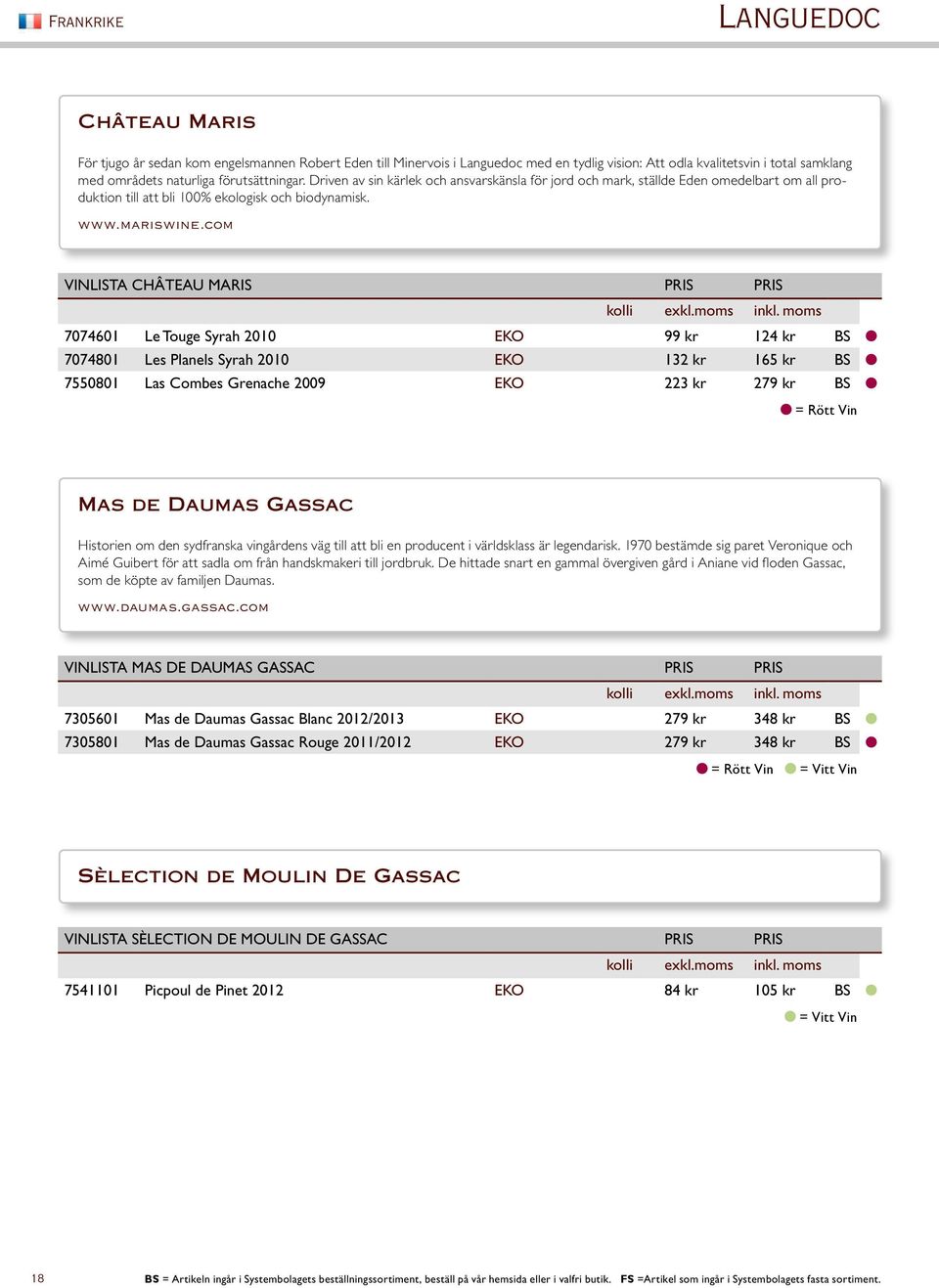 com VINLISTA Château Maris PRIS PRIS 7074601 Le Touge Syrah 2010 EKO 99 kr 124 kr BS 7074801 Les Planels Syrah 2010 EKO 132 kr 165 kr BS 7550801 Las Combes Grenache 2009 EKO 223 kr 279 kr BS = Rött