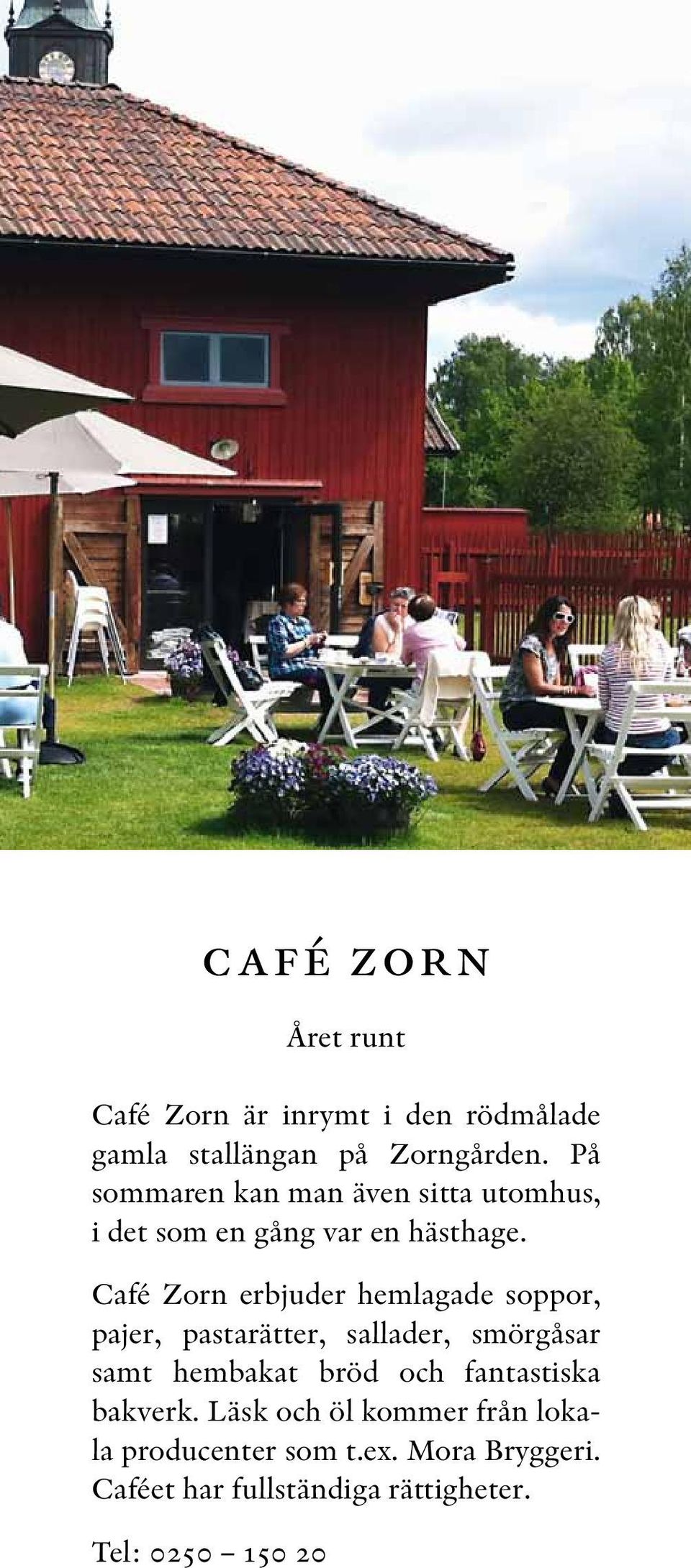 Café Zorn erbjuder hemlagade soppor, pajer, pastarätter, sallader, smörgåsar samt hem bakat bröd och