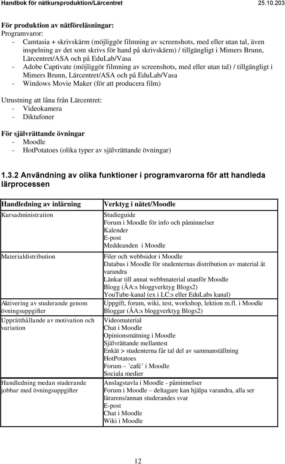 EduLab/Vasa - Windows Movie Maker (för att producera film) Utrustning att låna från Lärcentret: - Videokamera - Diktafoner För självrättande övningar - Moodle - HotPotatoes (olika typer av