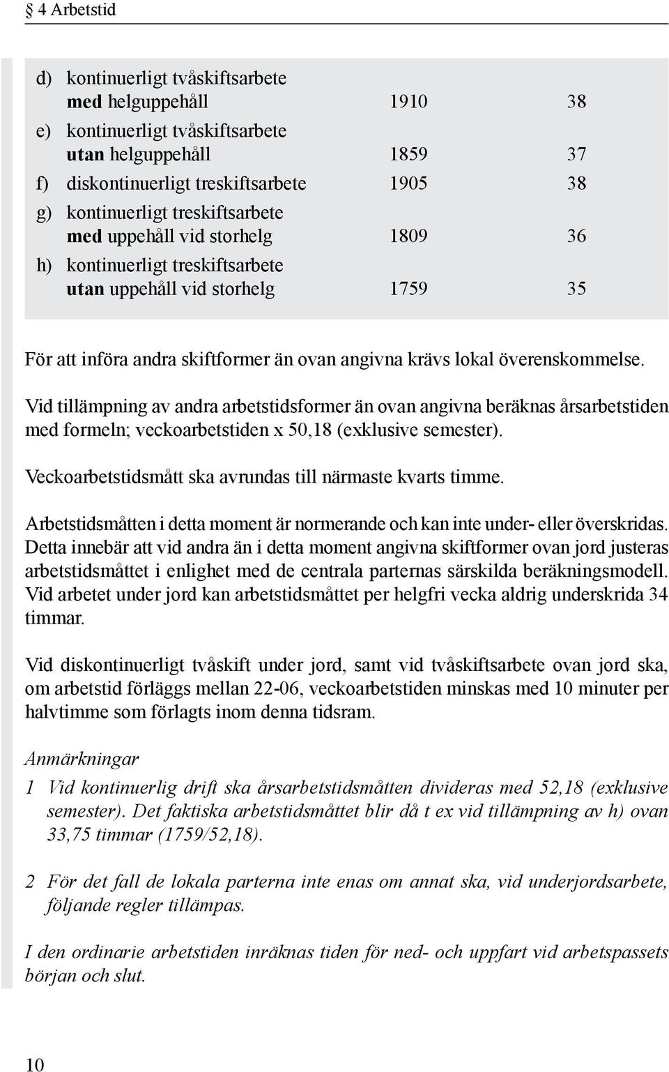 Vid tillämpning av andra arbetstidsformer än ovan angivna beräknas årsarbets tiden med formeln; veckoarbetstiden x 50,18 (exklusive semester).