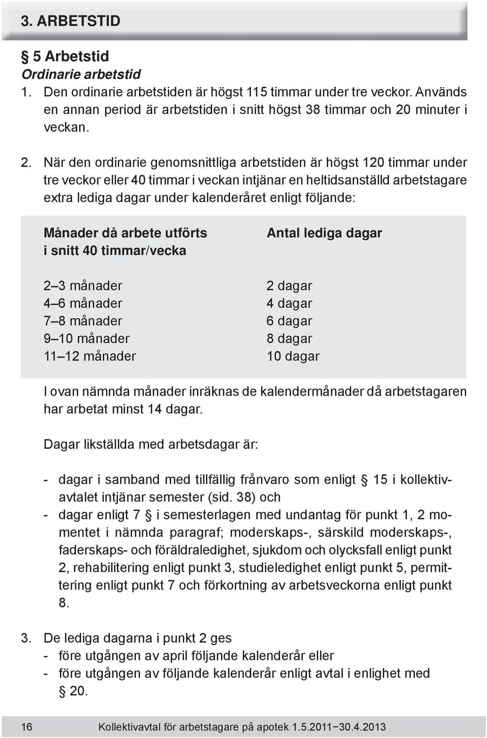 följande: Månader då arbete utförts i snitt 40 timmar/vecka Antal lediga dagar 2 3 månader 2 dagar 4 6 månader 4 dagar 7 8 månader 6 dagar 9 10 månader 8 dagar 11 12 månader 10 dagar I ovan nämnda