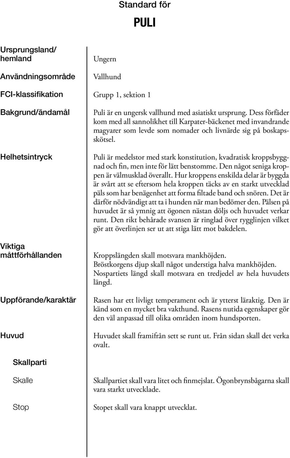 Puli är medelstor med stark konstitution, kvadratisk kroppsbyggnad och fin, men inte för lätt benstomme. Den något seniga kroppen är välmusklad överallt.