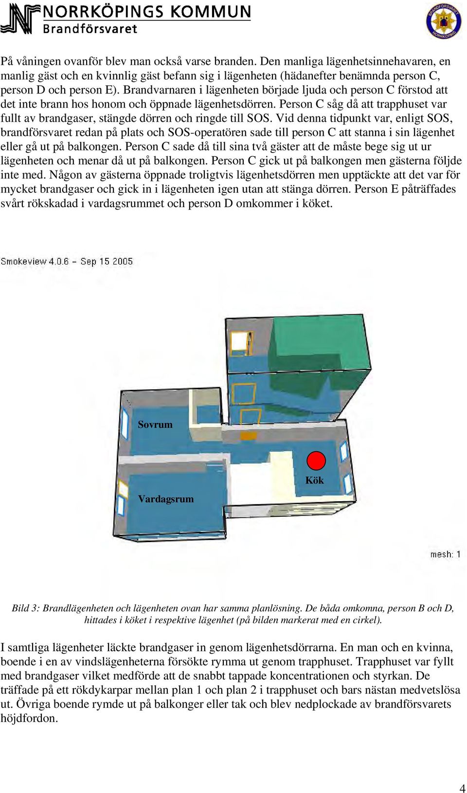 Person C såg då att trapphuset var fullt av brandgaser, stängde dörren och ringde till SOS.