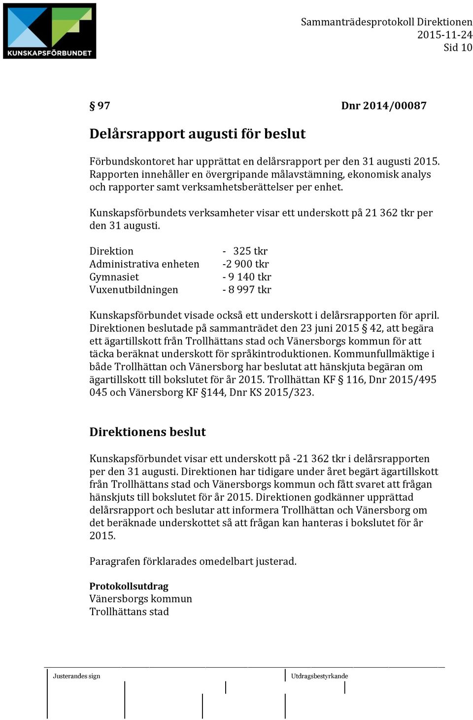 Kunskapsförbundets verksamheter visar ett underskott på 21 362 tkr per den 31 augusti.