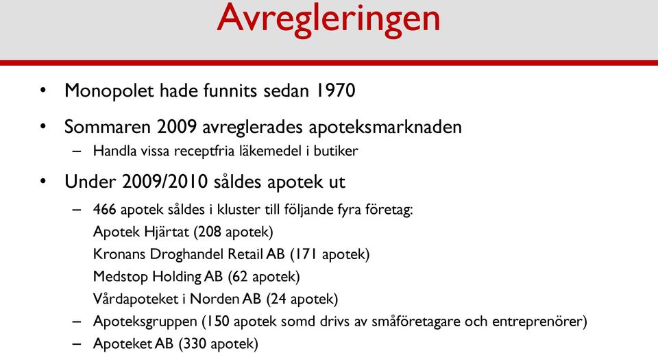 Hjärtat (208 apotek) Kronans Droghandel Retail AB (171 apotek) Medstop Holding AB (62 apotek) Vårdapoteket i Norden