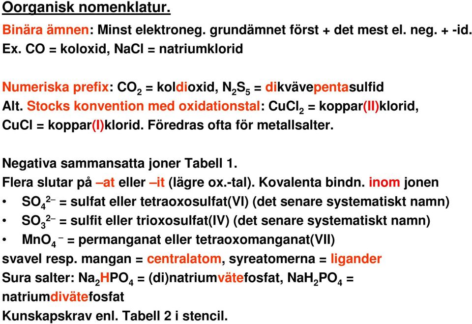 Föredras ofta för metallsalter. Negativa sammansatta joner Tabell 1. Flera slutar på at eller it (lägre ox.-tal). Kovalenta bindn.