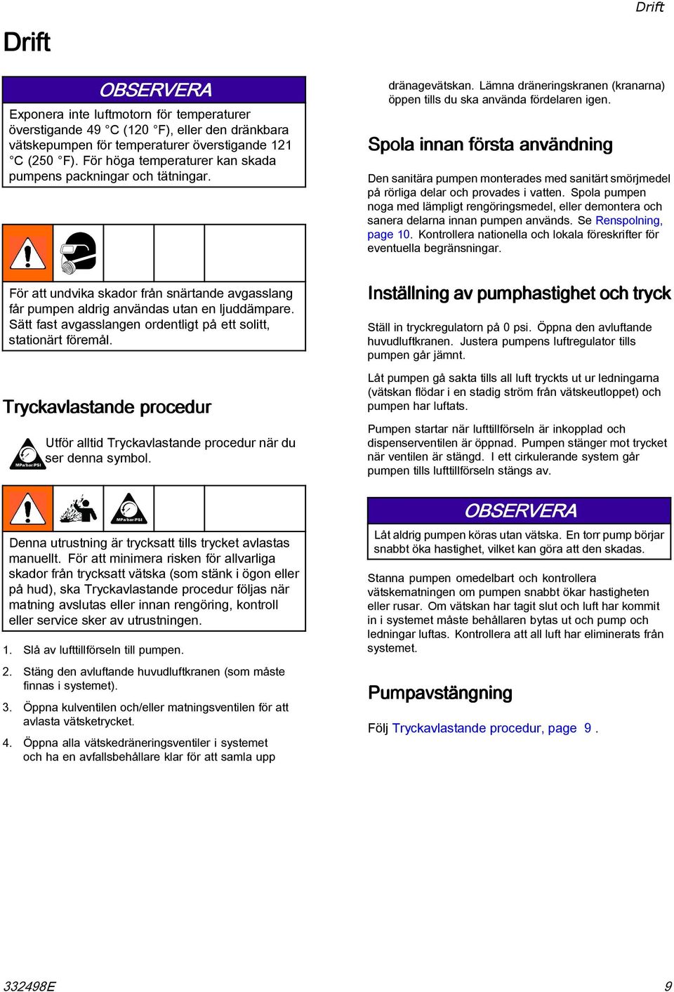 Spola innan första användning Den sanitära pumpen monterades med sanitärt smörjmedel på rörliga delar och provades i vatten.