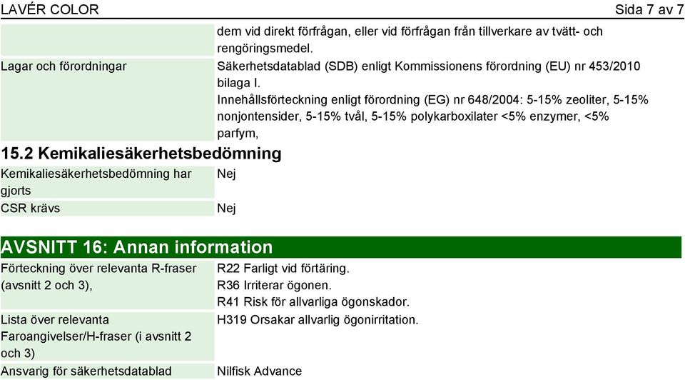 Innehållsförteckning enligt förordning (EG) nr 648/2004: 5-15% zeoliter, 5-15% nonjontensider, 5-15% tvål, 5-15% polykarboxilater <5% enzymer, <5% parfym, 15.