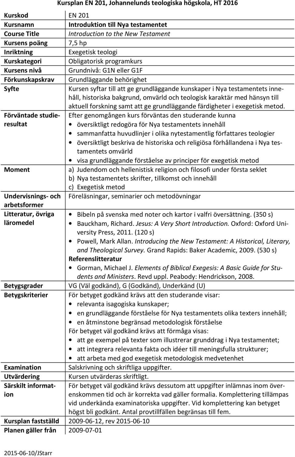 testamentets innehåll, historiska bakgrund, omvärld och teologisk karaktär med hänsyn till aktuell forskning samt att ge grundläggande färdigheter i exegetisk metod.