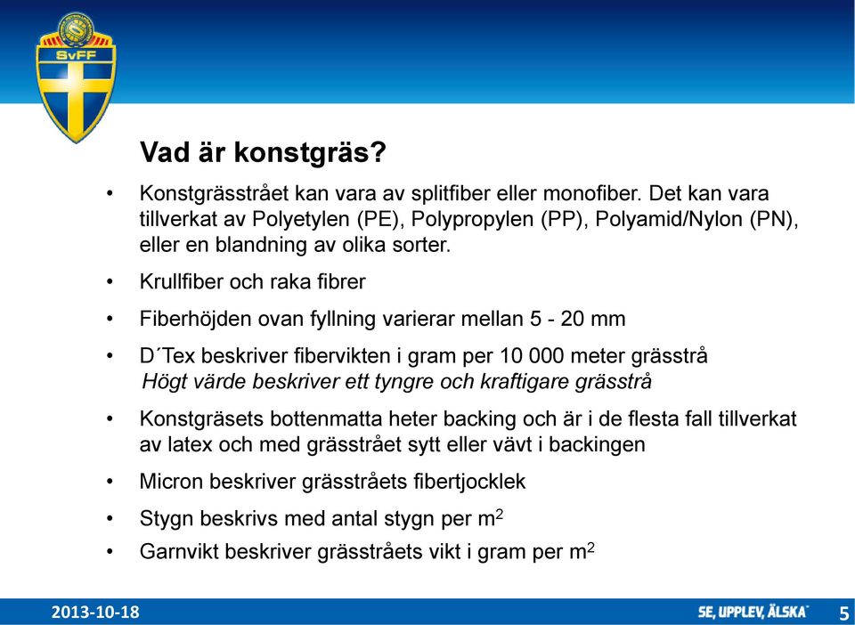 Krullfiber och raka fibrer Fiberhöjden ovan fyllning varierar mellan 5-20 mm D Tex beskriver fibervikten i gram per 10 000 meter grässtrå Högt värde beskriver ett