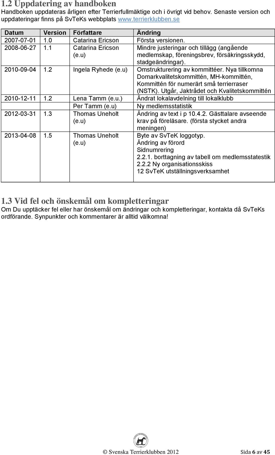 u) Mindre justeringar och tillägg (angående medlemskap, föreningsbrev, försäkringsskydd, stadgeändringar). 2010-09-04 1.2 Ingela Ryhede (e.u) Omstrukturering av kommittéer.