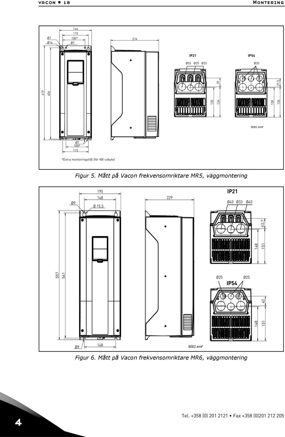 Mått på Vacon frekvensomriktare MR5, väggmontering 195 IP21 Ø9 148 Ø 15,5 229 Ø40 Ø33 Ø40 148 557 541 151 43,7 Ø25