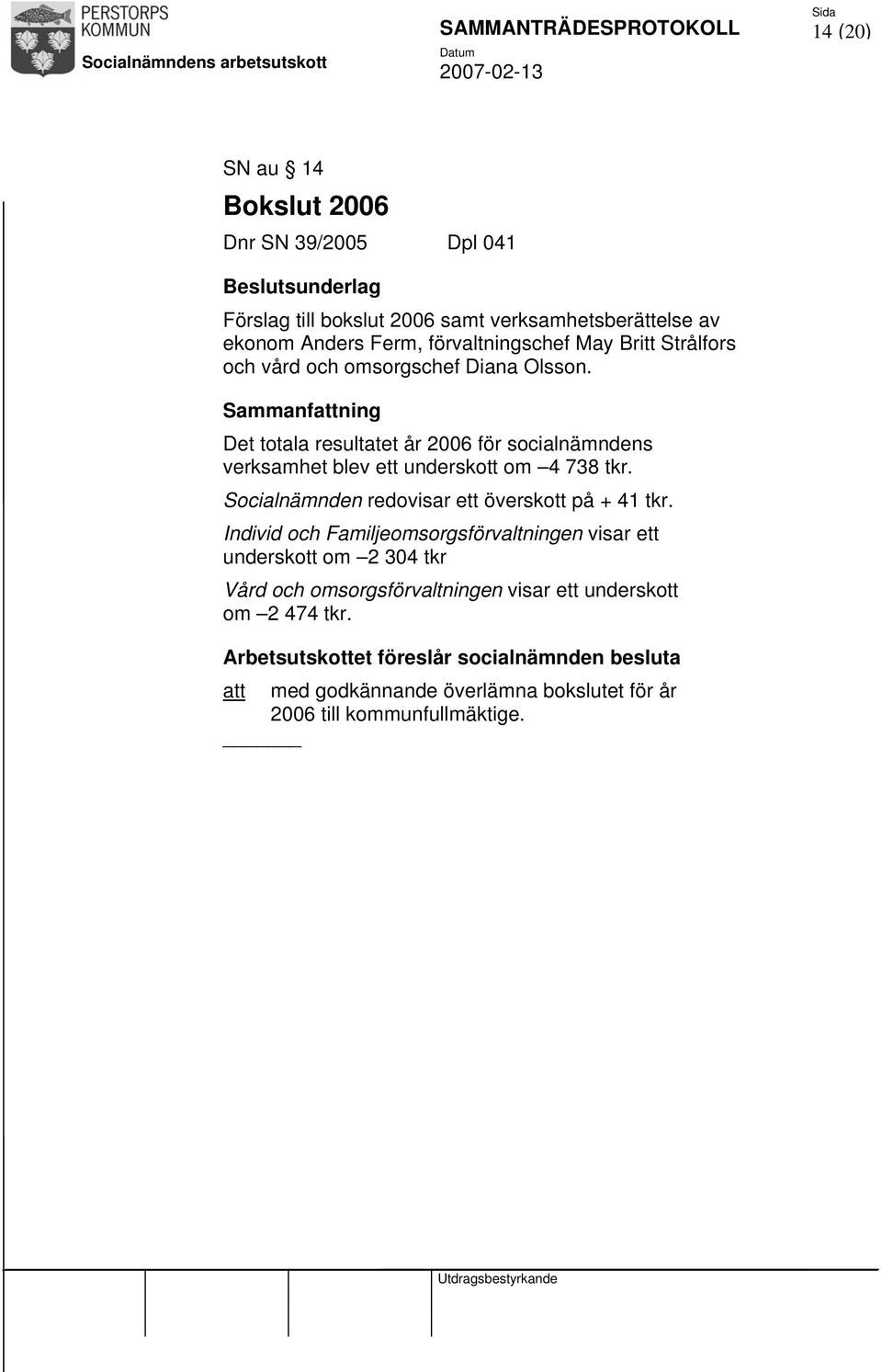 Sammanfattning Det totala resultatet år 2006 för socialnämndens verksamhet blev ett underskott om 4 738 tkr. Socialnämnden redovisar ett överskott på + 41 tkr.