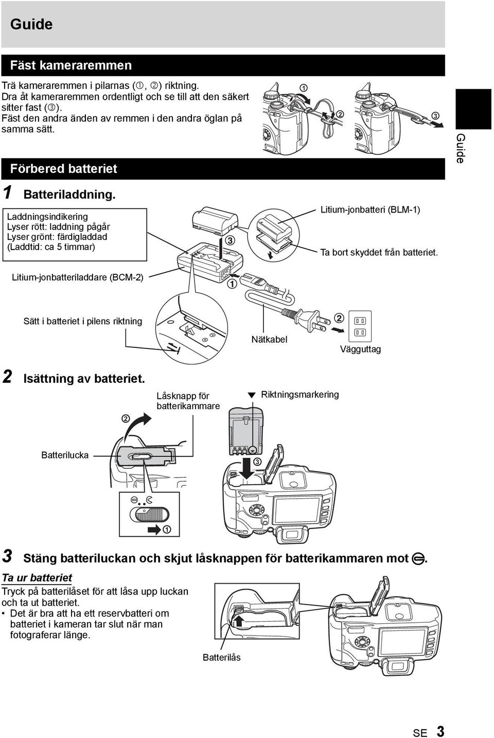 Laddningsindikering Lyser rött: laddning pågår Lyser grönt: färdigladdad (Laddtid: ca 5 timmar) Litium-jonbatteri (BLM-1) Ta bort skyddet från batteriet.