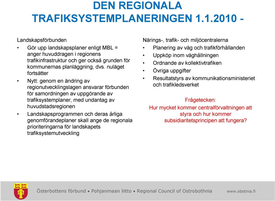 nuläget fortsätter Nytt: genom en ändring av regionutvecklingslagen ansvarar förbunden för samordningen av uppgörande av trafiksystemplaner, med undantag av huvudstadsregionen Landskapsprogrammen och