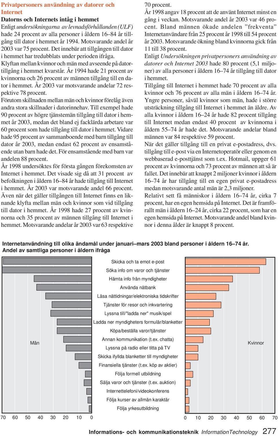 Klyftan mellan kvinnor och män med avseende på datortillgång i hemmet kvarstår. År 1994 hade 21 procent av kvinnorna och 26 procent av männen tillgång till en dator i hemmet.