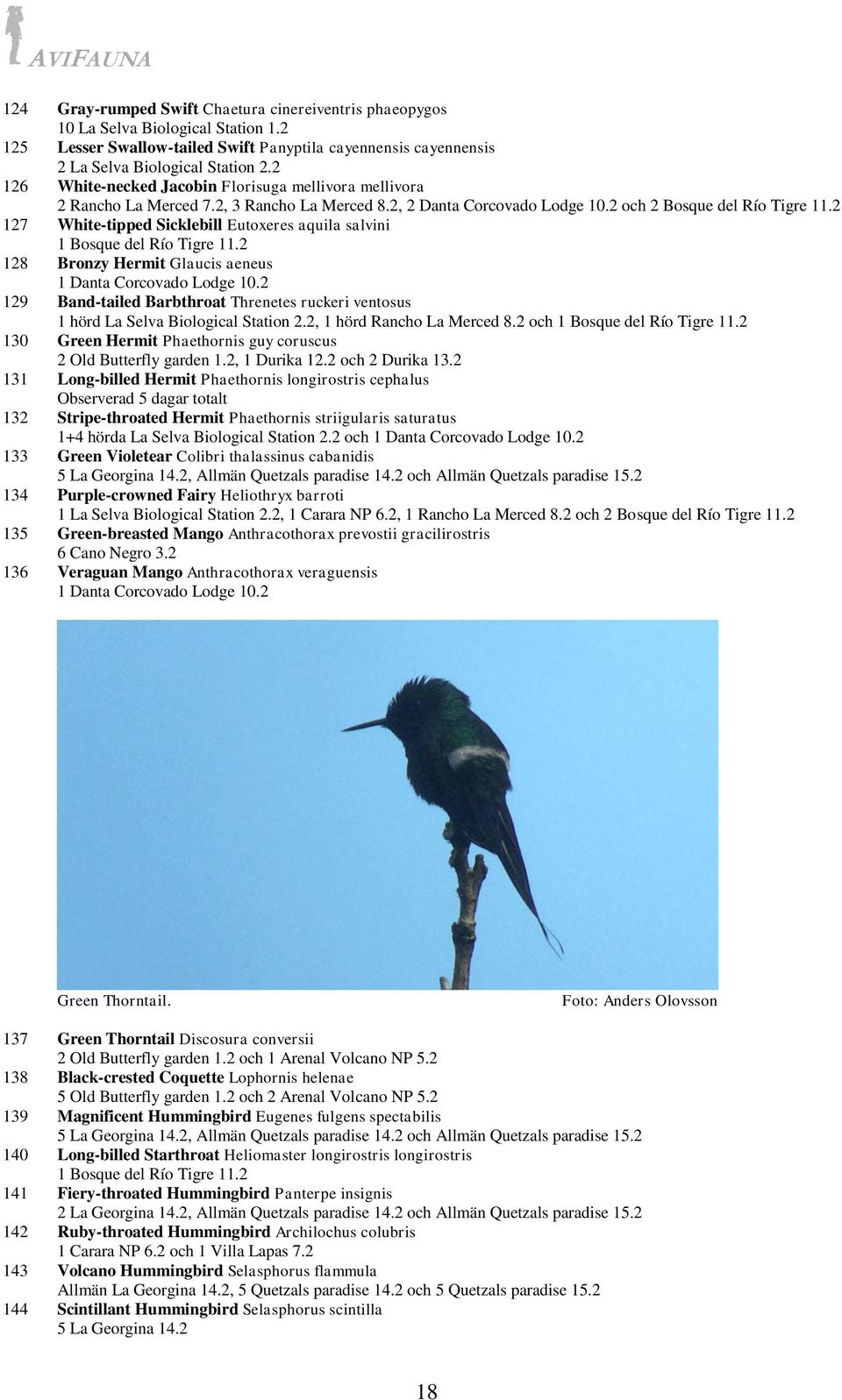 2 127 White-tipped Sicklebill Eutoxeres aquila salvini 1 Bosque del Río Tigre 11.2 128 Bronzy Hermit Glaucis aeneus 1 Danta Corcovado Lodge 10.